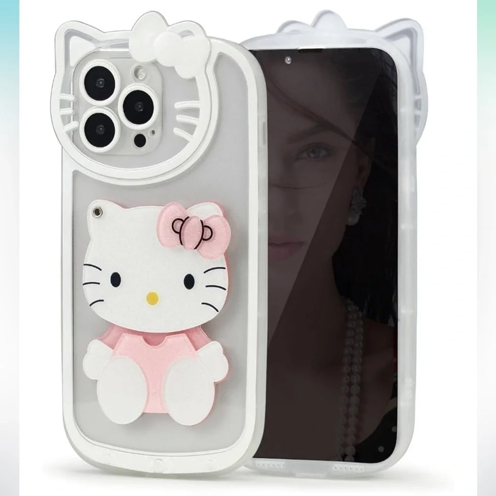 HELLO KITTY PHONE CASE WITH MIRROR Glitter CUTE WHITE PINK IPHONE 13 PRO NEW